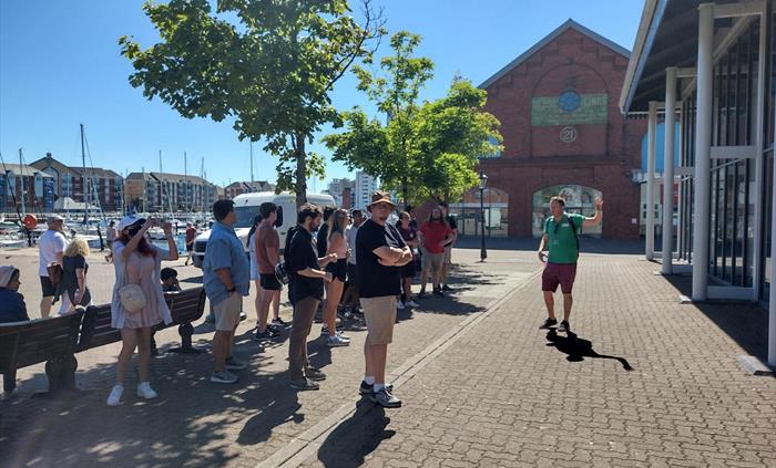 Swansea walking tour in Dylan Thomas Square, Swansea Marina